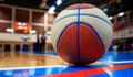 Basketball ball placed on court floor. Blurred arena with defocused people.