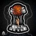 Basketball ball revolve on a fingr. Sport logo for streetball on black Royalty Free Stock Photo