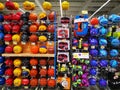 Basketball balls of different colors at Decathlon