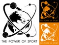 Basketball balls revolve around planet earth in form of atom. Power and energy of sport. Sport competition emblem. Vector