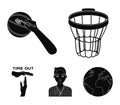 Basketball basket, autograph on the ball, referee on the game, gesture time out. Basketball set collection icons in Royalty Free Stock Photo