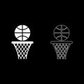 Basketball basket and ball Hoop net and ball icon outline set white color vector illustration flat style image Royalty Free Stock Photo