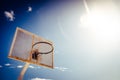 Basketball basket on an outdoor court with an intense sun with dark blue cloud sky, copy space Royalty Free Stock Photo