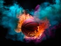Basketball butts in colored smoke and fire on a black background. Generative AI