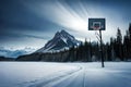 A basketball caught in mid-air, frozen in the frame just before it swishes through the net during a three-point shot