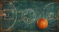 Basketball on a chalkboard with strategic play diagrams and an email symbol drawn in chalk