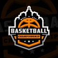 Basketball championship, sports logo, emblem on a dark background. Vector illustration.