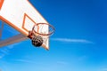 Basketball close up, basketball bal in hoop at sunny day