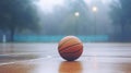 Basketball Closeup on Wet Court, Rainy Day with Mist. Streetball Playground. Generative AI