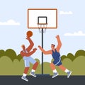 Basketball competition illustration on the outside playground, basketball players fight for the ball vector illustration