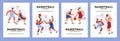 Basketball competition vector poster template sport set, cartoon basketball players fight for the ball, defense, offense