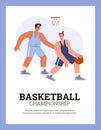 Basketball competitionvector poster, basketball players fight for the ball, professional sport male in blue uniform