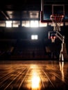 Basketball court with an empty hoop and large wooden backboard. A light is shining on floor, illuminating area around