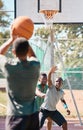 Basketball court, games and competition, friends and outdoor sports, fitness and energy of goals, performance and action Royalty Free Stock Photo