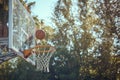 Basketball court net, point score and sports playing game, competition and action match outdoor. Background hoop winning Royalty Free Stock Photo