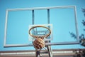 Basketball court net, point score and sports playing game, competition and action match outdoor. Background hoop winning Royalty Free Stock Photo
