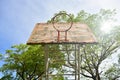 Basketball court  with old wood backboard.blue sky and white clouds on background. Old Basin Stadium,on white background,with Royalty Free Stock Photo