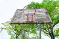 Basketball court with old wood backboard.blue sky and white clouds on background. Old Stadium. Royalty Free Stock Photo
