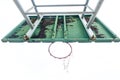 Basketball court with old wood backboard.blue sky and white clouds on background. Old Stadium. Royalty Free Stock Photo