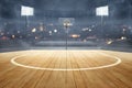 Basketball court with wooden floor, lights reflectors, and tribune