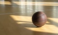 Basketball court wooden floor with professional brown leather ball and shadows. Horizontal sport poster, greeting cards, headers,