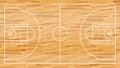 Basketball court with wooden parquet flooring and markings lines. Outline basketball playground top view. Sports ground for active