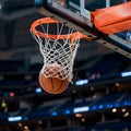 Basketball dunk with net swaying on basketball field, victory moment Royalty Free Stock Photo