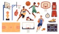 Basketball elements. Cartoon sport objects and group of players in uniforms and sneakers, playing field, ball, basket