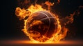 A basketball engulfed in flames against a dark backdrop. Generative ai