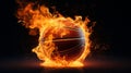 A basketball engulfed in flames against a dark backdrop. Generative ai