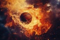 Basketball engulfed in flames on a dark background.