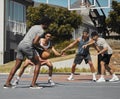 Basketball, fitness and men in sports game for exercise, workout or training on the court in the outdoors. Active Royalty Free Stock Photo