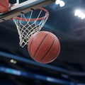 Basketball flies through air toward hoop, exciting sports action Royalty Free Stock Photo