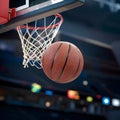 Basketball flies through air toward hoop, exciting sports action Royalty Free Stock Photo