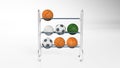 Basketball, football, soccer ball, volleyball on rack, sports equipment isolated on white, front view Royalty Free Stock Photo