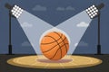 Basketball game arena spotlight with ball on floor, graphic art Royalty Free Stock Photo