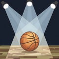 Basketball game arena spotlight with ball on floor, graphic art Royalty Free Stock Photo