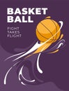 Basketball game poster. The ball flies among the splash. Purple flyer design.