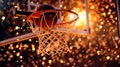 Basketball going through the basket at a sports arena (intention Royalty Free Stock Photo