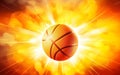 Basketball graphic poster. March madness banner design with the sun burst, ball moving quickly. Team sport icon, backlight. Royalty Free Stock Photo