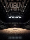 Basketball hall with epmty stands, created with generative AI