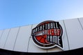 Basketball hall of fame sign with a blue sky in springfield Massachusetts