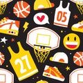 Basketball hand drawn cartoon objects seamless vector pattern black