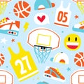 Basketball hand drawn cartoon objects seamless vector pattern blue