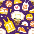 Basketball hand drawn cartoon objects seamless vector pattern purple