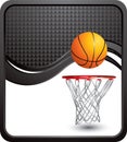 Basketball and hoop on black checkered wave