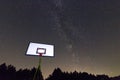 Basketball hoop and board under starry night. Milky way galaxy. Basketball court in night sky. Royalty Free Stock Photo