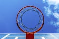 basketball hoop. bottom view of a basketball net from a metal chain. against the blue sky Royalty Free Stock Photo
