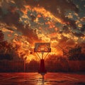 A basketball hoop in a natural landscape with trees, sunset, and sky afterglow Royalty Free Stock Photo