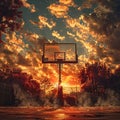 A basketball hoop in a natural landscape with trees, sunset, and sky afterglow